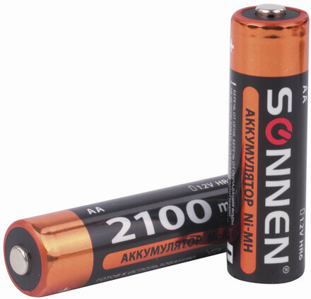Батарейки аккумуляторные КОМПЛЕКТ 2 шт., SONNEN, АА (HR6), Ni-Mh, 2100 mAh, в блистере, 454234