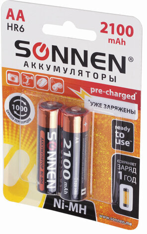 Батарейки аккумуляторные КОМПЛЕКТ 2 шт., SONNEN, АА (HR6), Ni-Mh, 2100 mAh, в блистере, 454234