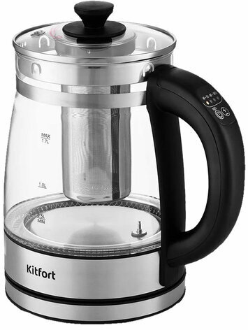 Чайник KITFORT КТ-6119, 1,7 л, 2200 Вт, закрытый нагревательный элемент, ТЕРМОРЕГУЛЯТОР, заварник, стекло, серебро