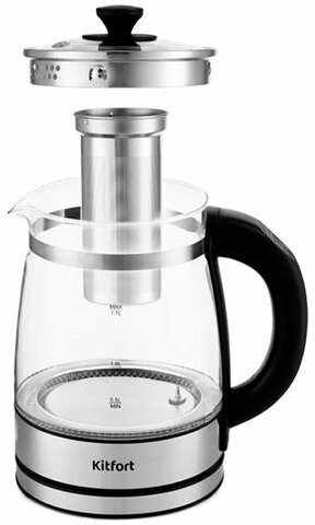 Чайник KITFORT КТ-6119, 1,7 л, 2200 Вт, закрытый нагревательный элемент, ТЕРМОРЕГУЛЯТОР, заварник, стекло, серебро