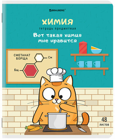 Тетрадь предметная "КОТ-ЭНТУЗИАСТ" 48 л., TWIN-лак, ХИМИЯ, клетка, подсказ, BRAUBERG, 404567