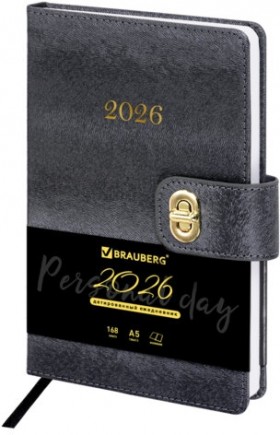 Ежедневник датированный 2026 А5 138х213 мм, BRAUBERG &quot;Elegant&quot;, под кожу, застежка, черный, 117368