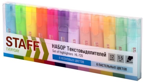 Набор текстовыделителей 12 ЦВЕТОВ, STAFF "EVERYDAY HL-720", 6 неоновых цветов + 6 пастельных цветов, линия 1-5 мм, 152557