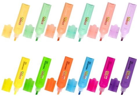 Набор текстовыделителей 12 ЦВЕТОВ, STAFF "EVERYDAY HL-720", 6 неоновых цветов + 6 пастельных цветов, линия 1-5 мм, 152557