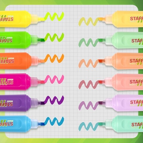 Набор текстовыделителей 12 ЦВЕТОВ, STAFF "EVERYDAY HL-720", 6 неоновых цветов + 6 пастельных цветов, линия 1-5 мм, 152557