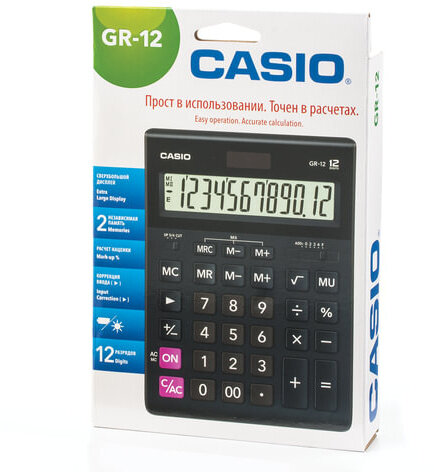 Калькулятор настольный CASIO GR-12-W (209х155 мм), 12 разрядов, двойное питание, черный, европодвес, GR-12-W-EP