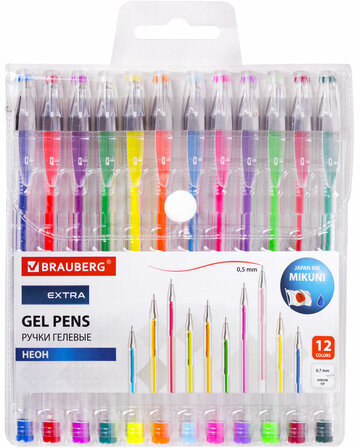 Ручки гелевые НЕОН BRAUBERG "EXTRA", НАБОР 12 ЦВЕТОВ, узел 0,7 мм, линия 0,35 мм, 143912
