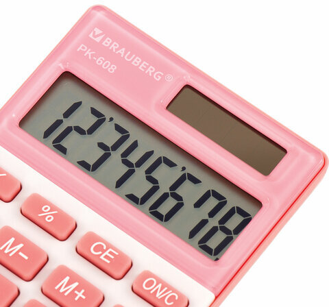 Калькулятор карманный BRAUBERG PK-608-PK (107x64 мм), 8 разрядов, двойное питание, РОЗОВЫЙ, 250523