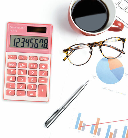 Калькулятор карманный BRAUBERG PK-608-PK (107x64 мм), 8 разрядов, двойное питание, РОЗОВЫЙ, 250523