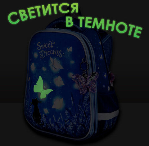 Ранец BRAUBERG PREMIUM, 2 отделения, с брелком, "Sweet dreams", СВЕТЯЩИЙСЯ, 38х29х16 см, 270593