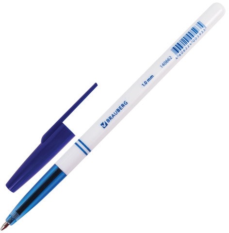 Ручка шариковая BRAUBERG "Офисная", СИНЯЯ, корпус белый, узел 1 мм, линия письма 0,5 мм, 140662