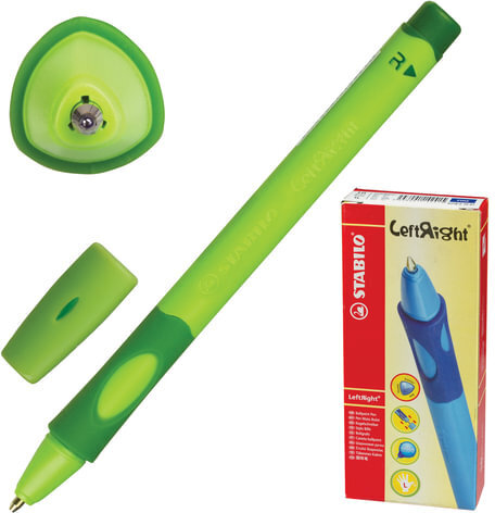 Ручка шариковая с грипом STABILO "Left Right", СИНЯЯ, для правшей, корпус зеленый, узел 0,8 мм, линия письма 0,4 мм, 6328/2-10-41