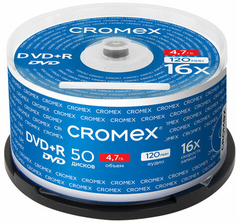 Диски DVD+R (плюс) CROMEX, 4,7 Gb, 16x, Cake Box (упаковка на шпиле), КОМПЛЕКТ 50 шт., 513775