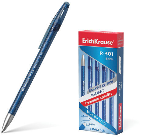 Ручка стираемая гелевая ERICH KRAUSE "R-301 Magic Gel", СИНЯЯ, корпус синий, узел 0,5 мм, линия письма 0,4 мм, 45211