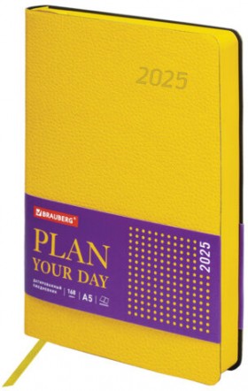 Ежедневник датированный 2025, А5, 138x213 мм, BRAUBERG &quot;Stylish&quot;, под кожу гибкий, желтый, 115825