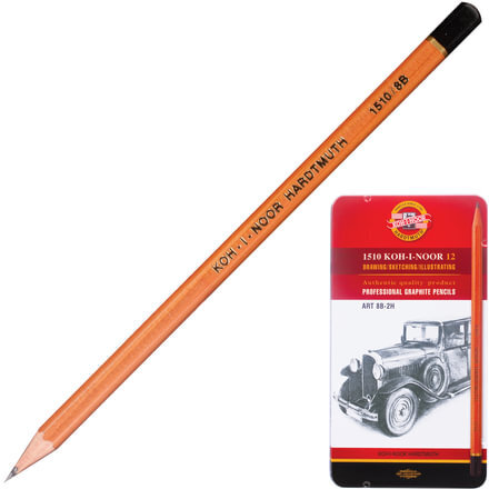 Карандаши чернографитные KOH-I-NOOR, НАБОР 12 шт., "Art", 8В-2H, без резинки, металлическая коробка, 1512N12001PL