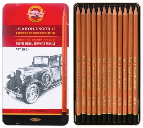 Карандаши чернографитные KOH-I-NOOR, НАБОР 12 шт., "Art", 8В-2H, без резинки, металлическая коробка, 1512N12001PL