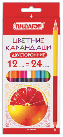 Карандаши двусторонние ПИФАГОР "СОЧНЫЕ ФРУКТЫ", 12 штук, 24 цвета, заточенные, европодвес, 181361