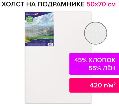 Холст на подрамнике BRAUBERG ART CLASSIC, 50х70см, грунт., 45%хлоп., 55%лен, среднее зерно, 190637