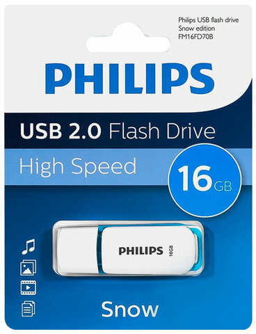 Флеш-диск 16 GB PHILIPS SNOW, разъем USB 2.0, синий, FM16FD70B/97