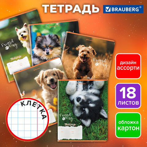 Тетрадь 18 л. BRAUBERG клетка, обложка картон, СОБАЧКИ, 107295