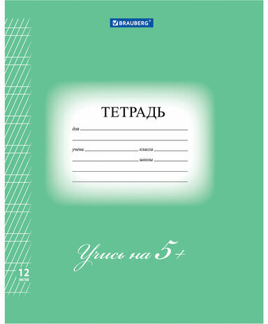 Тетрадь 12 л. BRAUBERG ЭКО "5-КА", частая косая линия, обложка плотная мелованная бумага, ЗЕЛЕНАЯ, 104766
