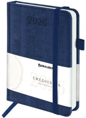 Ежедневник датированный 2026 МАЛЫЙ ФОРМАТ 100х150 мм, А6, BRAUBERG &quot;Wood&quot;, под кожу, синий, 117264
