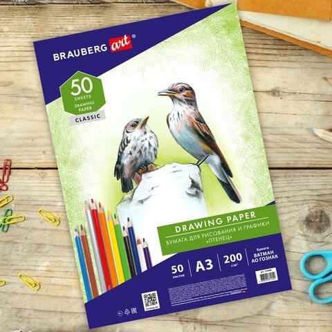 Бумага для рисования А3, 50 л., 200 г/м2, ВАТМАН ГОЗНАК, BRAUBERG ART CLASSIC, 114490