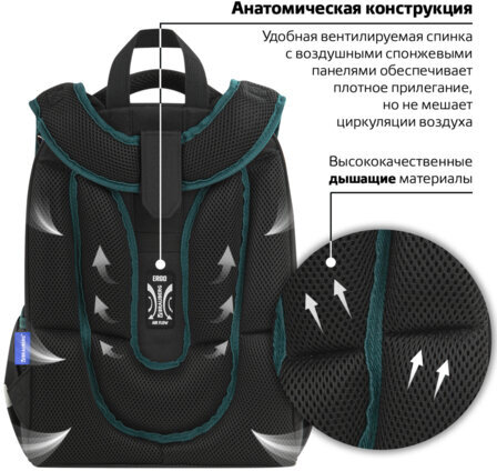 Ранец BRAUBERG PREMIUM, 2 отделения, с брелком, "Space mission", LED ЛАМПОЧКИ, 38х29х16 см, 270599