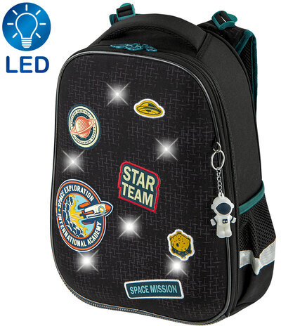 Ранец BRAUBERG PREMIUM, 2 отделения, с брелком, "Space mission", LED ЛАМПОЧКИ, 38х29х16 см, 270599
