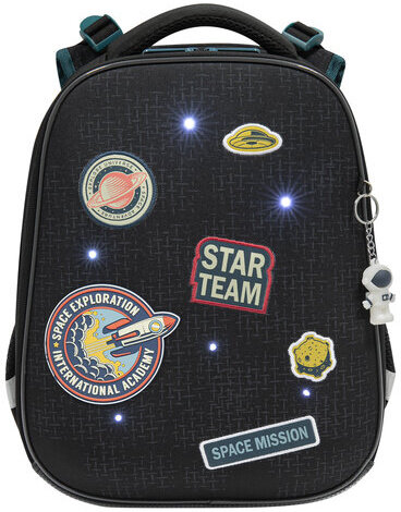 Ранец BRAUBERG PREMIUM, 2 отделения, с брелком, "Space mission", LED ЛАМПОЧКИ, 38х29х16 см, 270599