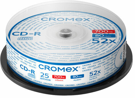 Диски CD-R CROMEX, 700 Mb, 52x, Cake Box (упаковка на шпиле), КОМПЛЕКТ 25 шт., 513776