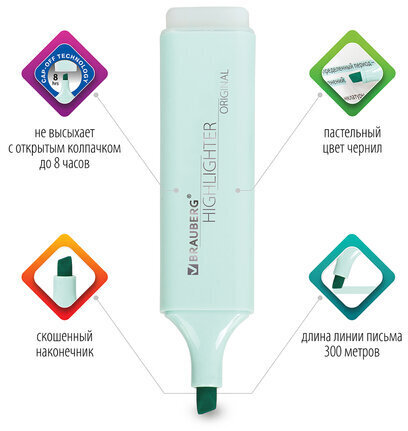 Текстовыделитель BRAUBERG "ORIGINAL PASTEL", БИРЮЗОВЫЙ, линия 1-5 мм, 151694