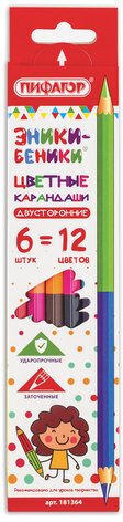 Карандаши двусторонние ПИФАГОР "ЭНИКИ-БЕНИКИ", 6 штук, 12 цветов, заточенные, европодвес, 181364