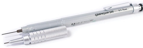 Карандаш механический 0,5 мм профессиональный, PENTEL "Graphgear 500", корпус серебристый, PG515