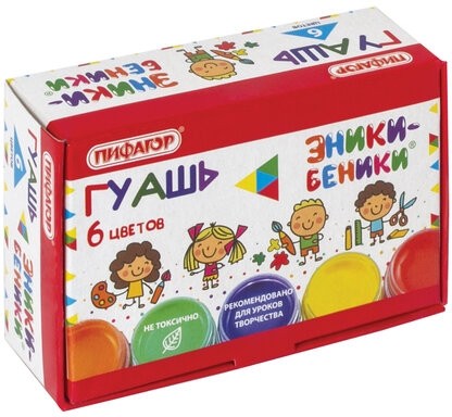 Гуашь ПИФАГОР ЭНИКИ-БЕНИКИ", 6 цветов по 10 мл, 191329