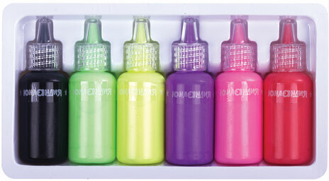 Краски витражные ЮНЛАНДИЯ "НЕОНЧИКИ", 5 цветов светящихся в темноте + 1 черный, 20 мл, шаблоны, 191760