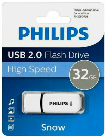 Флеш-диск 32 GB PHILIPS SNOW, разъем USB 2.0, черный, FM32FD70B/97