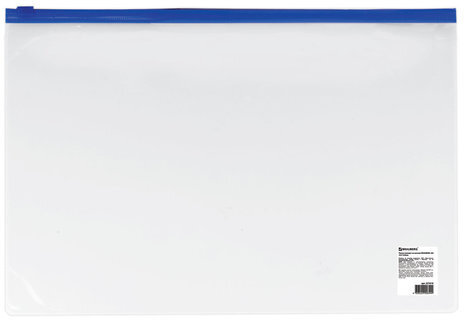 Папка-конверт на молнии А4 (230х333 мм), прозрачная, молния синяя, 0,11 мм, BRAUBERG, 221010