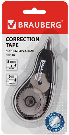 Корректирующая лента BRAUBERG "Design One", 5 мм х 6 м, черный корпус, в блистере, 225589