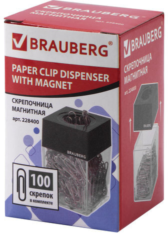 Скрепочница магнитная BRAUBERG со 100 никелированными скрепками 28 мм, прозрачный корпус, 228400