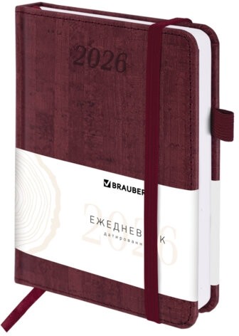 Ежедневник датированный 2026 МАЛЫЙ ФОРМАТ 100х150 мм, А6, BRAUBERG Wood, под кожу, бордовый, 117265