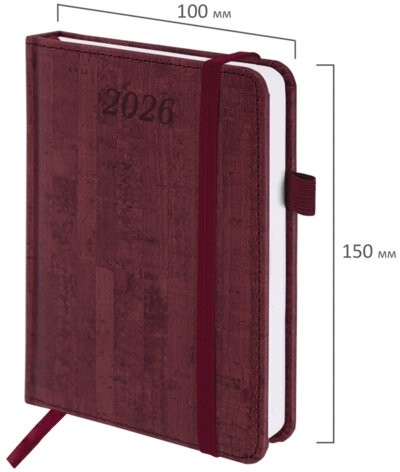 Ежедневник датированный 2026 МАЛЫЙ ФОРМАТ 100х150 мм, А6, BRAUBERG Wood, под кожу, бордовый, 117265