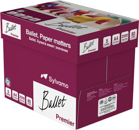 Бумага офисная А4, 80 г/м2, 500 л., марка А, BALLET PREMIER, ColorLok, Россия, 160% (CIE)