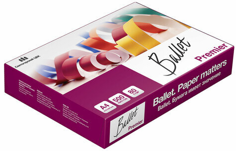 Бумага офисная А4, 80 г/м2, 500 л., марка А, BALLET PREMIER, ColorLok, Россия, 160% (CIE)