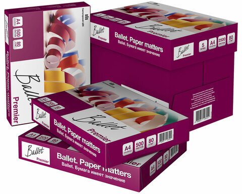 Бумага офисная А4, 80 г/м2, 500 л., марка А, BALLET PREMIER, ColorLok, Россия, 160% (CIE)