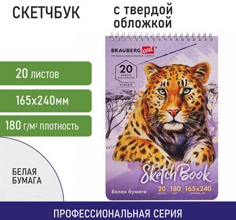 Скетчбук, белая бумага 180 г/м2, 165х240 мм, 20 л., гребень, твердая обложка, BRAUBERG ART CLASSIC, 112993