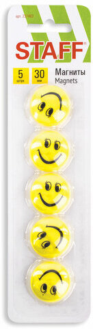 Магниты СРЕДНЕГО ДИАМЕТРА, 30 мм, НАБОР 5 штук, с рисунком СМАЙЛИК, жёлтые, в блистере, STAFF &quot;Basic&quot;, 237483