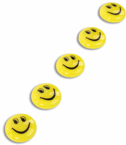 Магниты СРЕДНЕГО ДИАМЕТРА, 30 мм, НАБОР 5 штук, с рисунком СМАЙЛИК, жёлтые, в блистере, STAFF "Basic", 237483