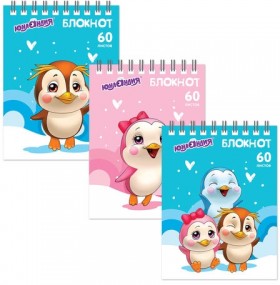Блокнот МАЛЫЙ ФОРМАТ (108х146 мм) А6, 60 л., гребень, картон, клетка, ЮНЛАНДИЯ, "ПИНГВИНЯТА", 129832